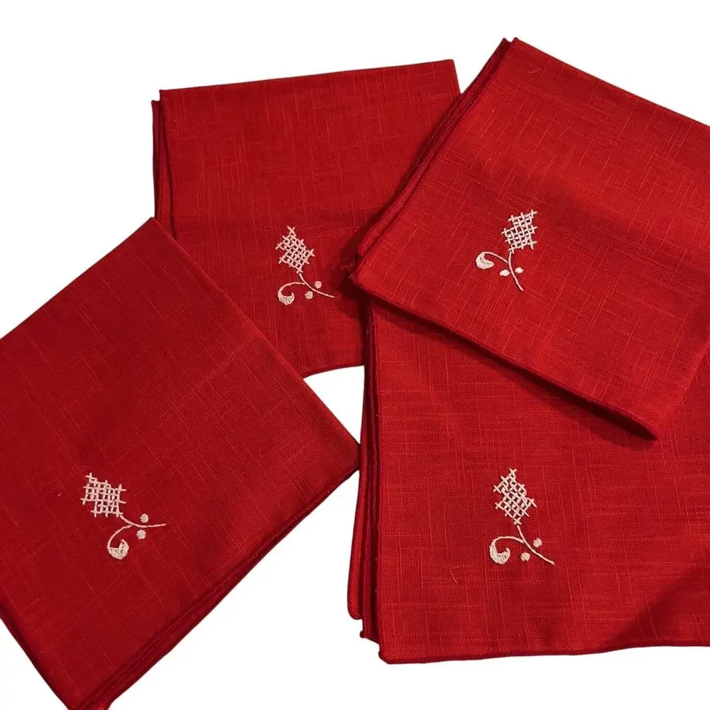 Vintage Red Cloth Napkins Set 4 Hand Embroidered Cross Stitch 14